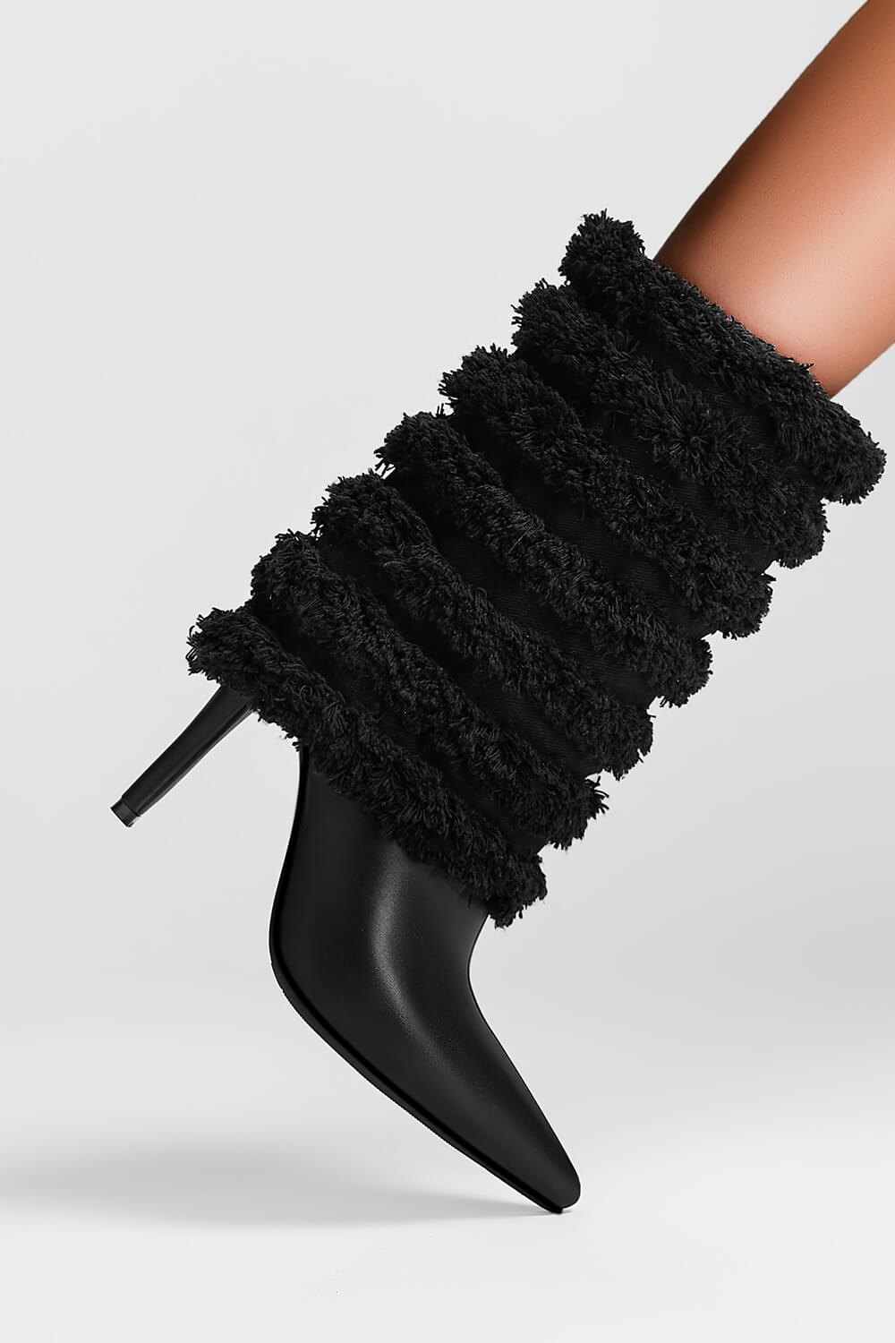 Distressed Denim Channeled Fold-Over Mid-Calf Stiletto Heel Boots