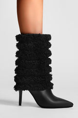 Distressed Denim Channeled Fold-Over Mid-Calf Stiletto Heel Boots