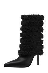 Distressed Denim Channeled Fold-Over Mid-Calf Stiletto Heel Boots