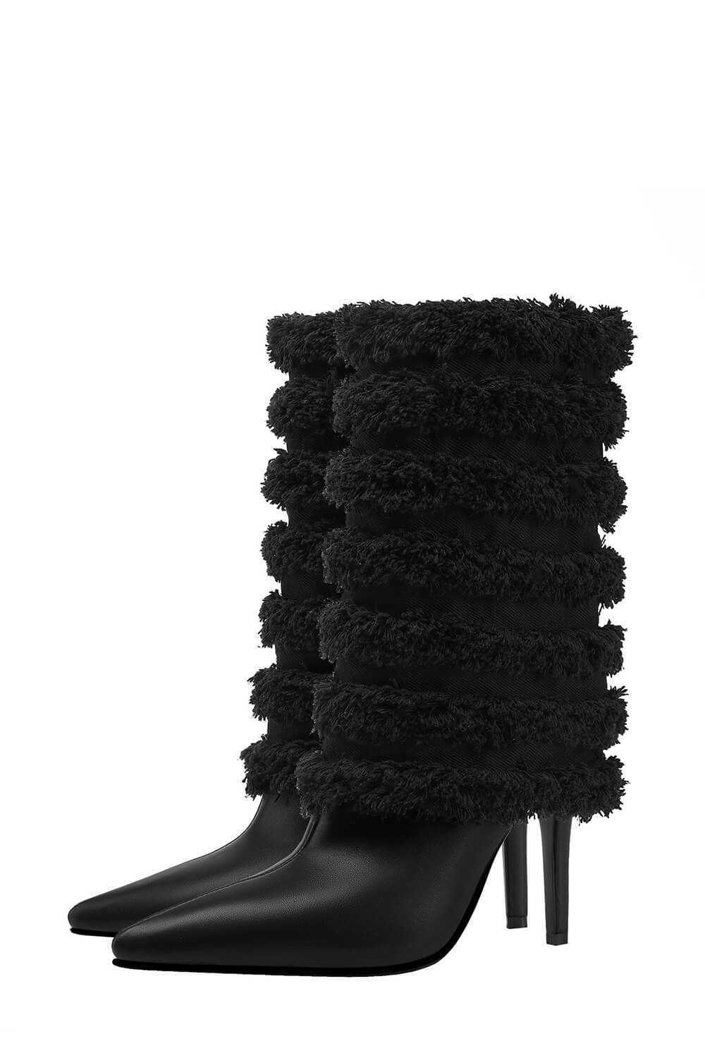 Distressed Denim Channeled Fold-Over Mid-Calf Stiletto Heel Boots