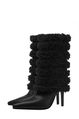 Distressed Denim Channeled Fold-Over Mid-Calf Stiletto Heel Boots