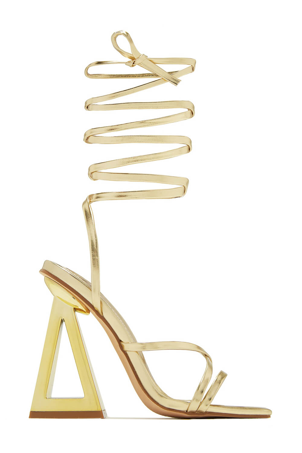 Lace Up Square Toe Gold-Tone Block High Heels - Gold