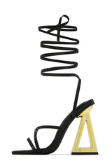 Lace Up Square Toe Gold-Tone Block High Heels - Black