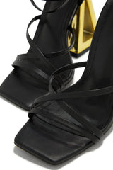Lace Up Square Toe Gold-Tone Block High Heels - Black