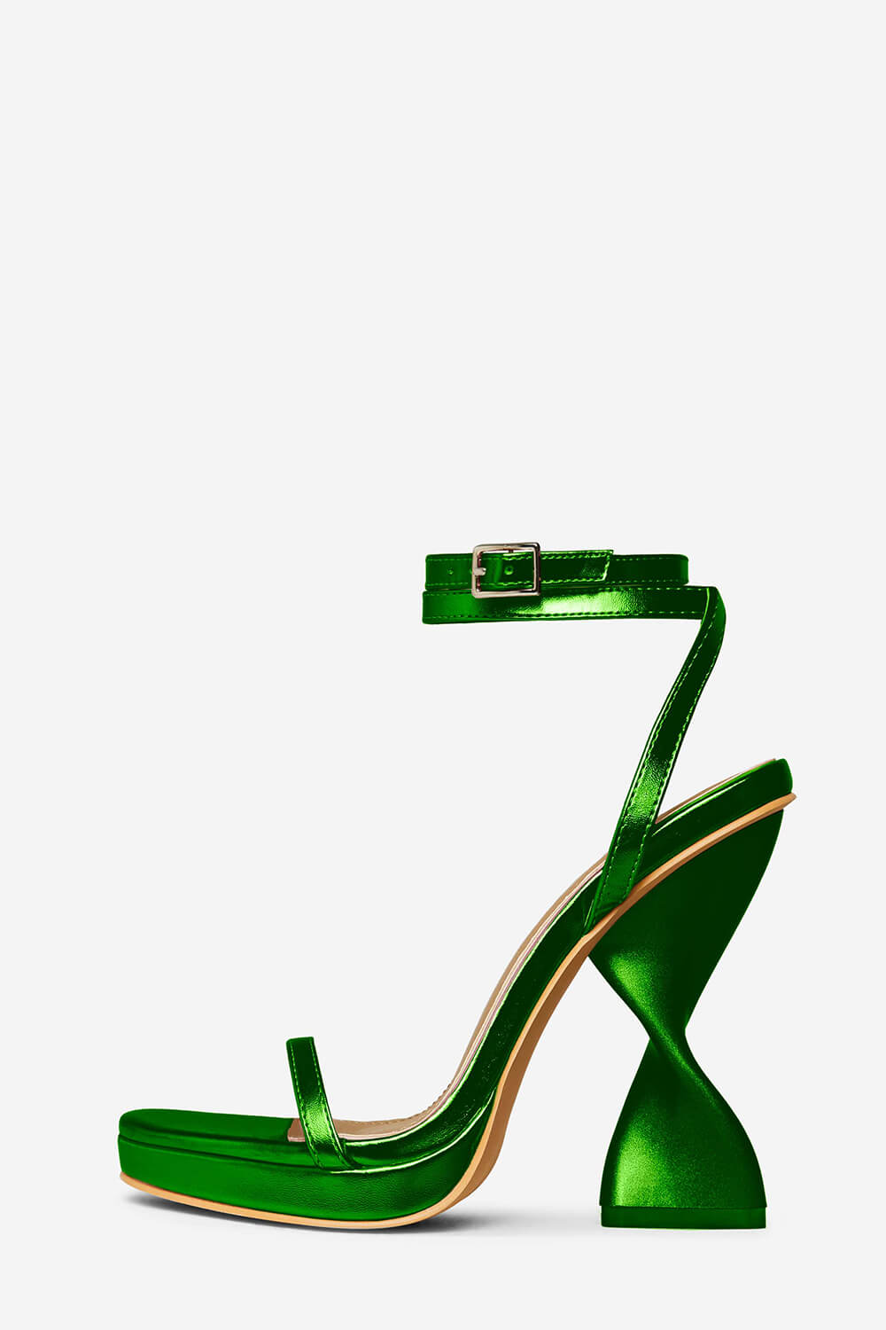 Metallic Faux Leather Open Toe Platform Twisted Statement Heels - Green