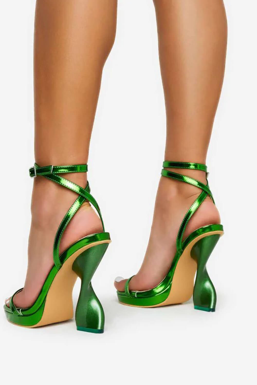 Metallic Faux Leather Open Toe Platform Twisted Statement Heels - Green