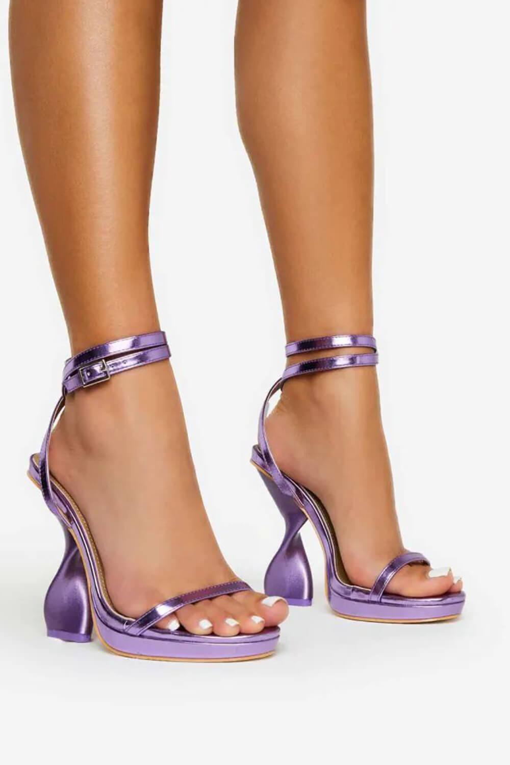 Metallic Faux Leather Open Toe Platform Twisted Statement Heels - Purple
