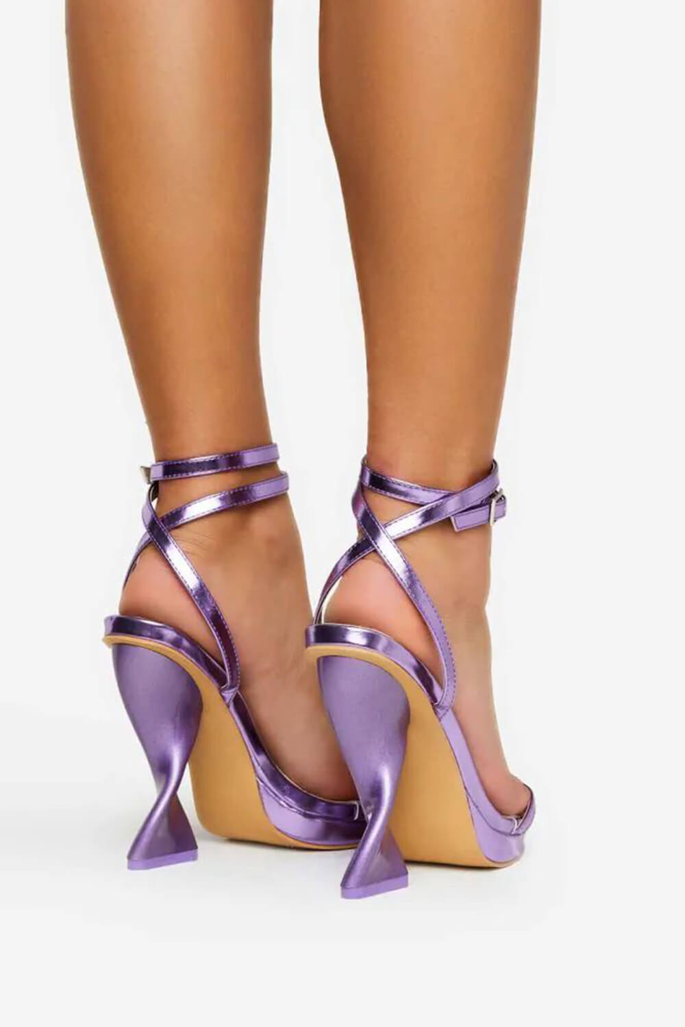 Metallic Faux Leather Open Toe Platform Twisted Statement Heels - Purple