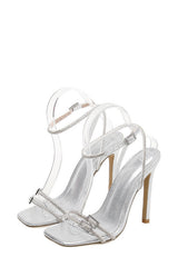 Double Diamante Embellished Strap Open Square Toe Heel - Silver
