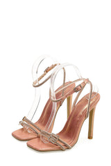 Double Diamante Embellished Strap Open Square Toe Heel - Rose God