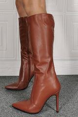 Faux Leather Pointed Toe Knee High Stiletto Boots - Brown