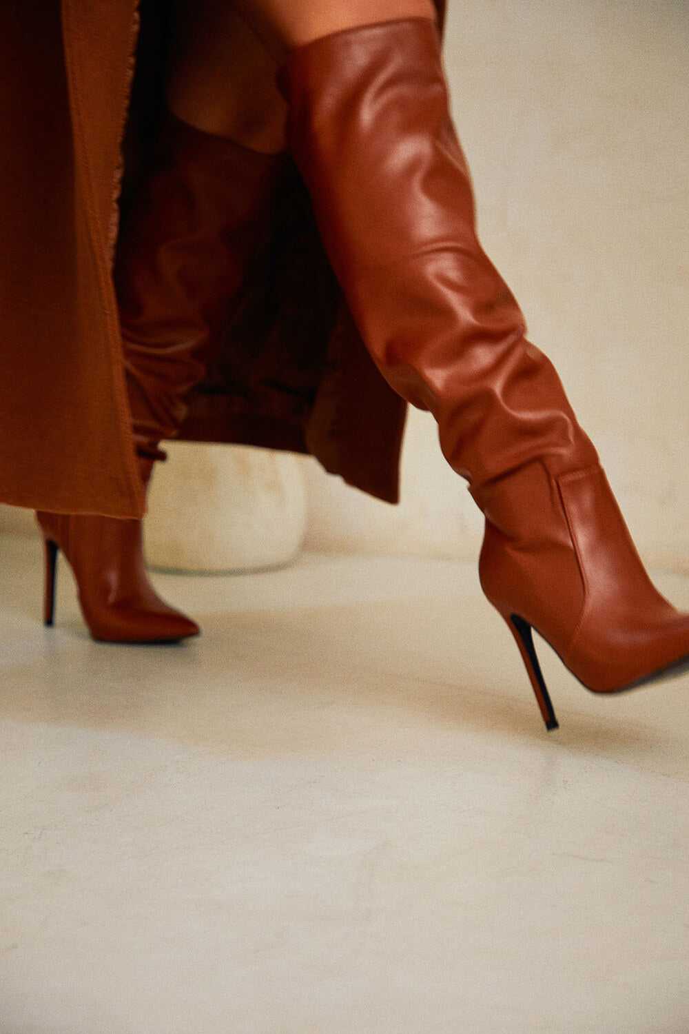 Faux Leather Pointed Toe Knee High Stiletto Boots - Brown