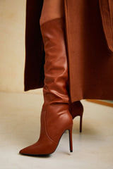Faux Leather Pointed Toe Knee High Stiletto Boots - Brown