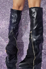 Black Faux Leather Zip Front Foldover Knee High Stiletto Boots