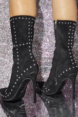 Black Faux Suede Studded Stiletto Ankle Boots