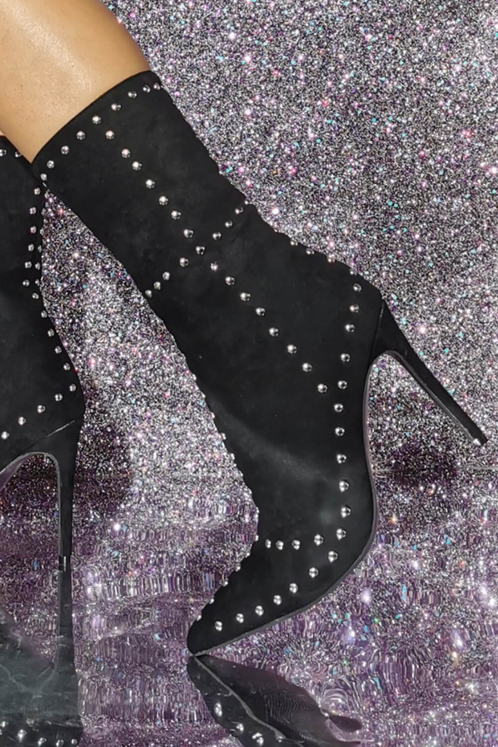 Black Faux Suede Studded Stiletto Ankle Boots