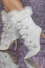 Furry Faux Fur Lace Up Pointed Toe Stiletto Ankle Boots - White