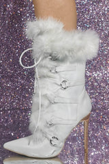 Furry Faux Fur Lace Up Pointed Toe Stiletto Ankle Boots - White