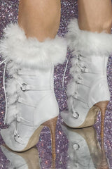 Furry Faux Fur Lace Up Pointed Toe Stiletto Ankle Boots - White