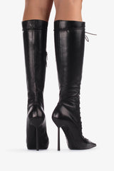 Laced-Up Tapered Toe Knee High Stiletto Boots - Black