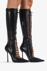 Laced-Up Tapered Toe Knee High Stiletto Boots - Black