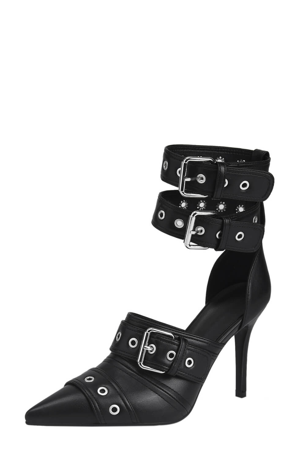 Multi Buckle Pointed Toe Ankle Stiletto Heel Boots - Black