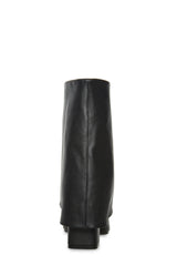 Faux Leather Point Toe Block Heel Fold Over Ankle Boots - Black