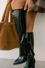 Croc-Effect Faux Leather Point Toe Block Heel Knee High Boots - Black