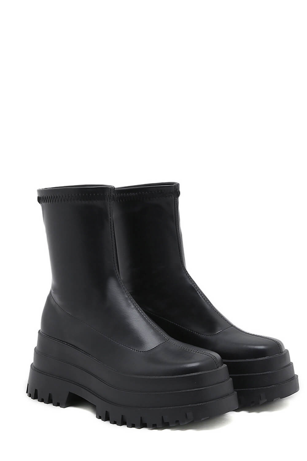 Flat Super Chunky Platform Ankle Biker Boots - Black