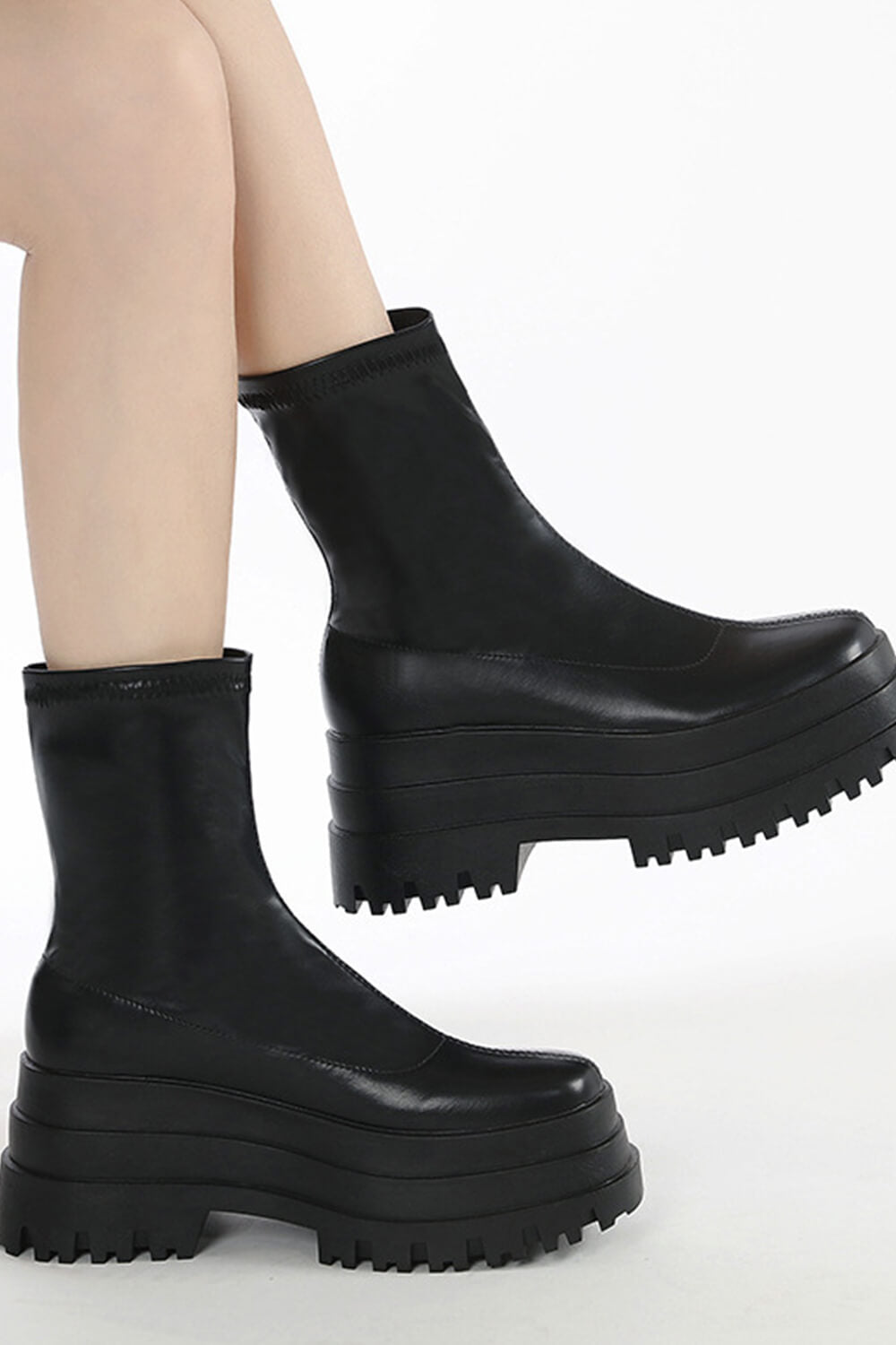 Flat Super Chunky Platform Ankle Biker Boots - Black