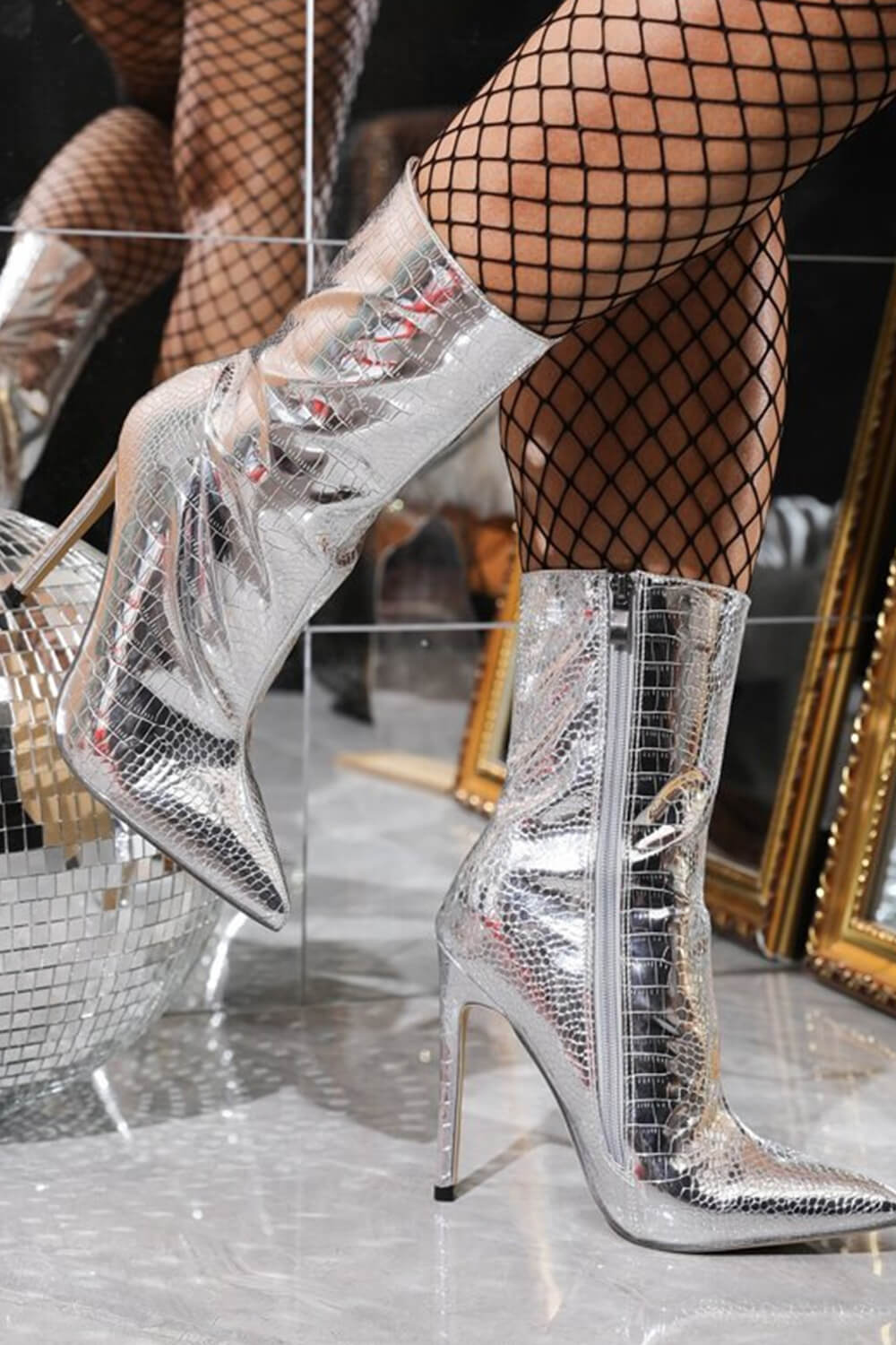 Metallic Pointed Toe Croc Stiletto Heeled Ankle Boots - Silver