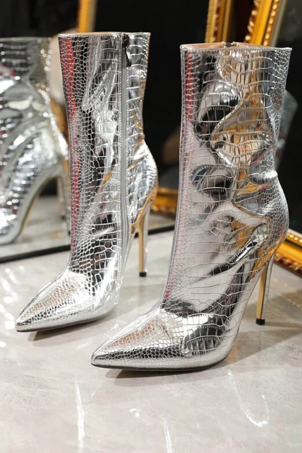 Metallic Pointed Toe Croc Stiletto Heeled Ankle Boots - Silver