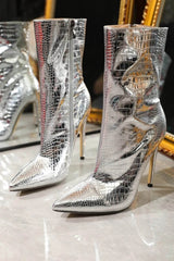 Metallic Pointed Toe Croc Stiletto Heeled Ankle Boots - Silver