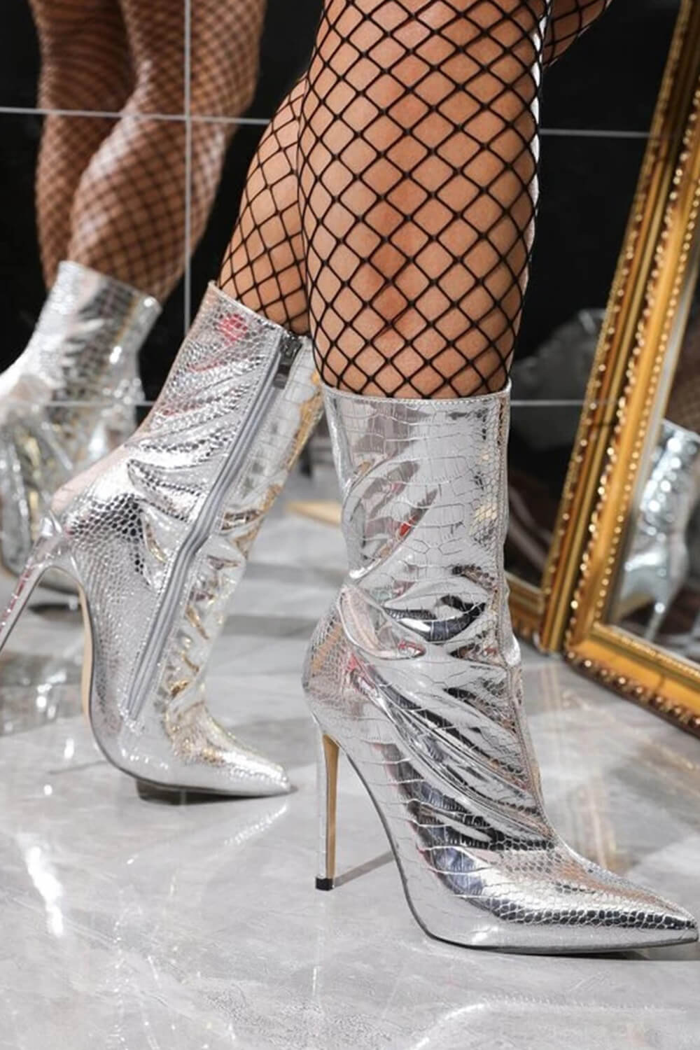 Metallic Pointed Toe Croc Stiletto Heeled Ankle Boots - Silver