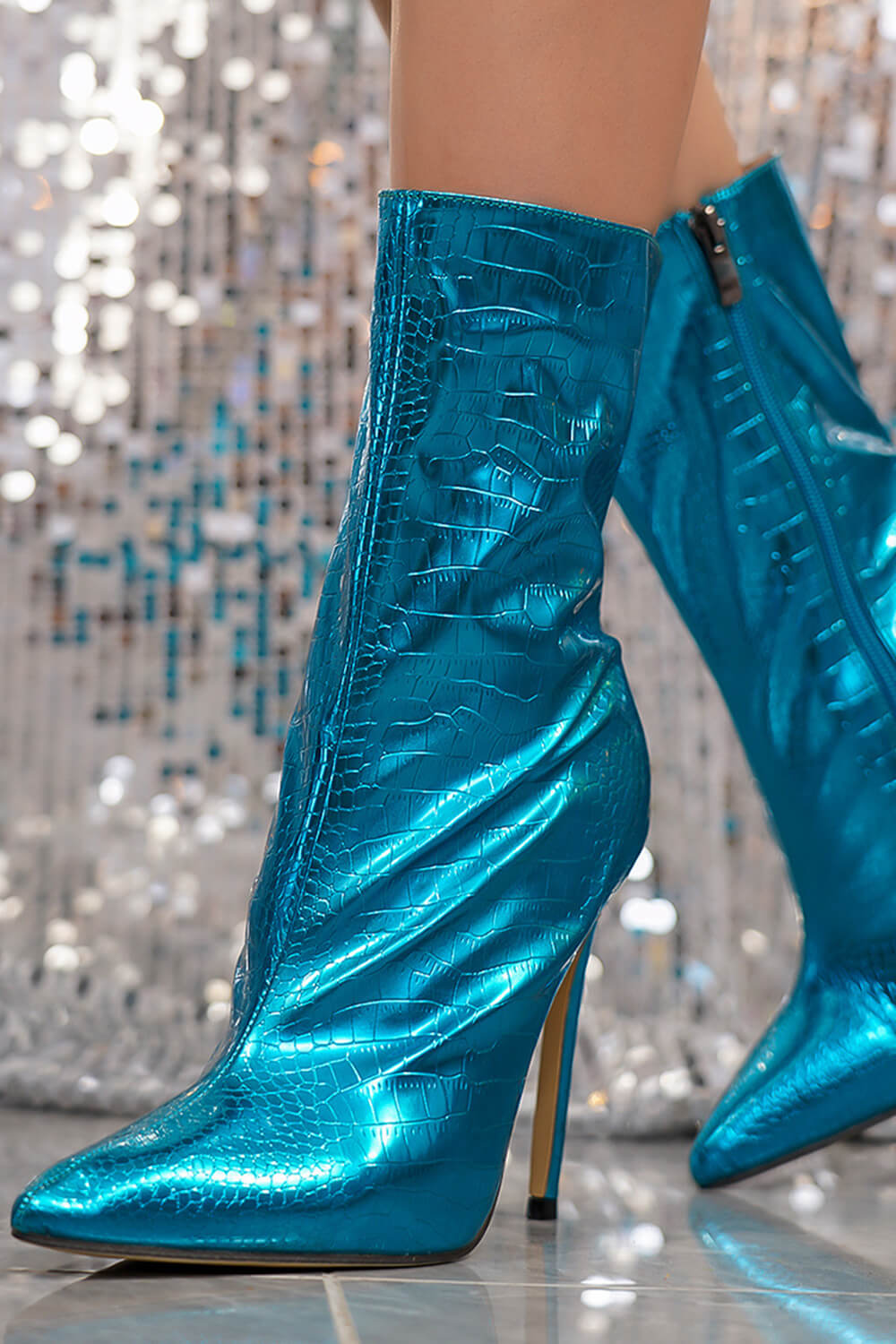 Metallic Pointed Toe Croc Stiletto Heeled Ankle Boots - Blue
