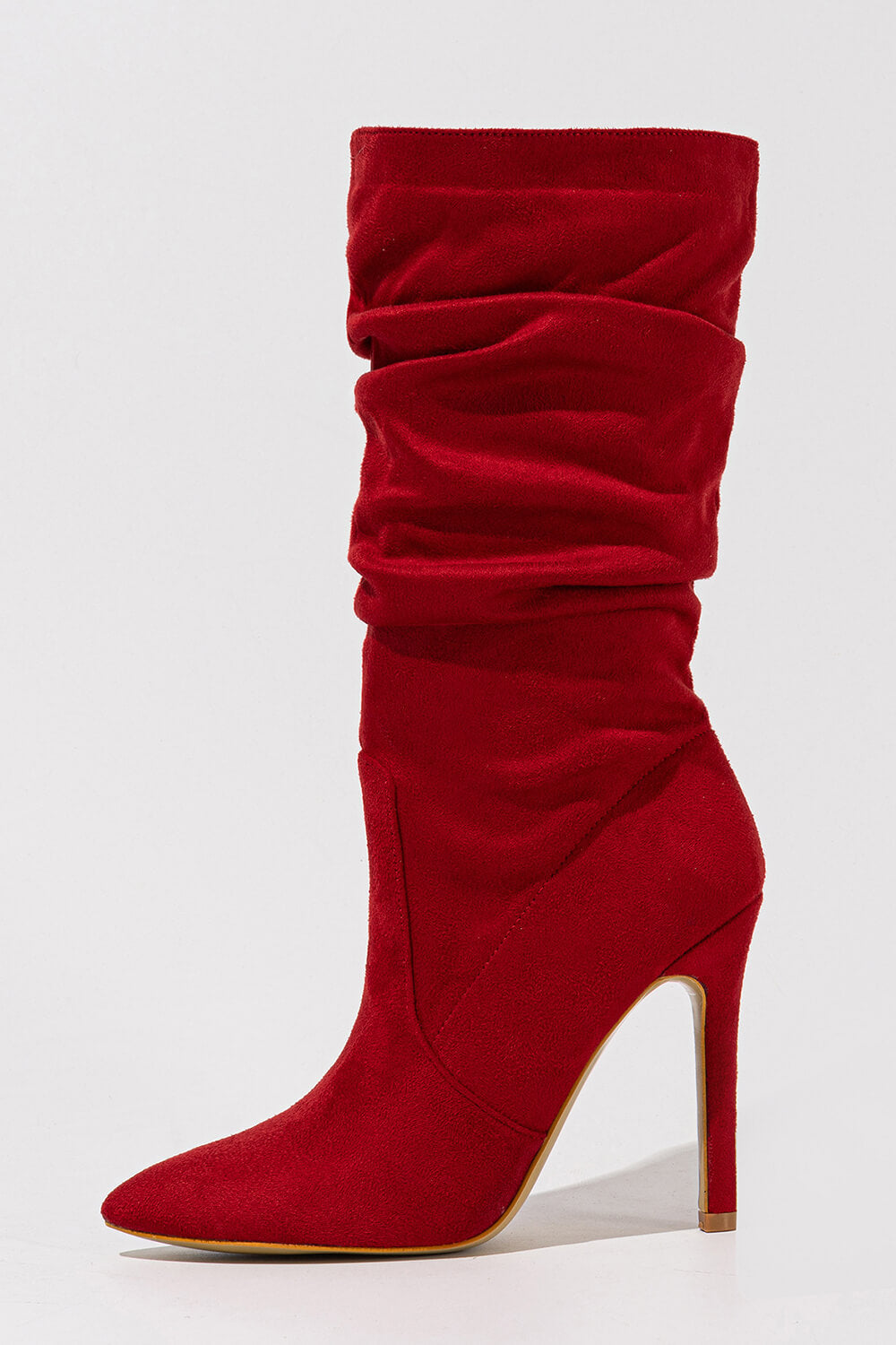 Faux Suede Pointed Toe Knee High Ruched Mid Heeled Boots - Red