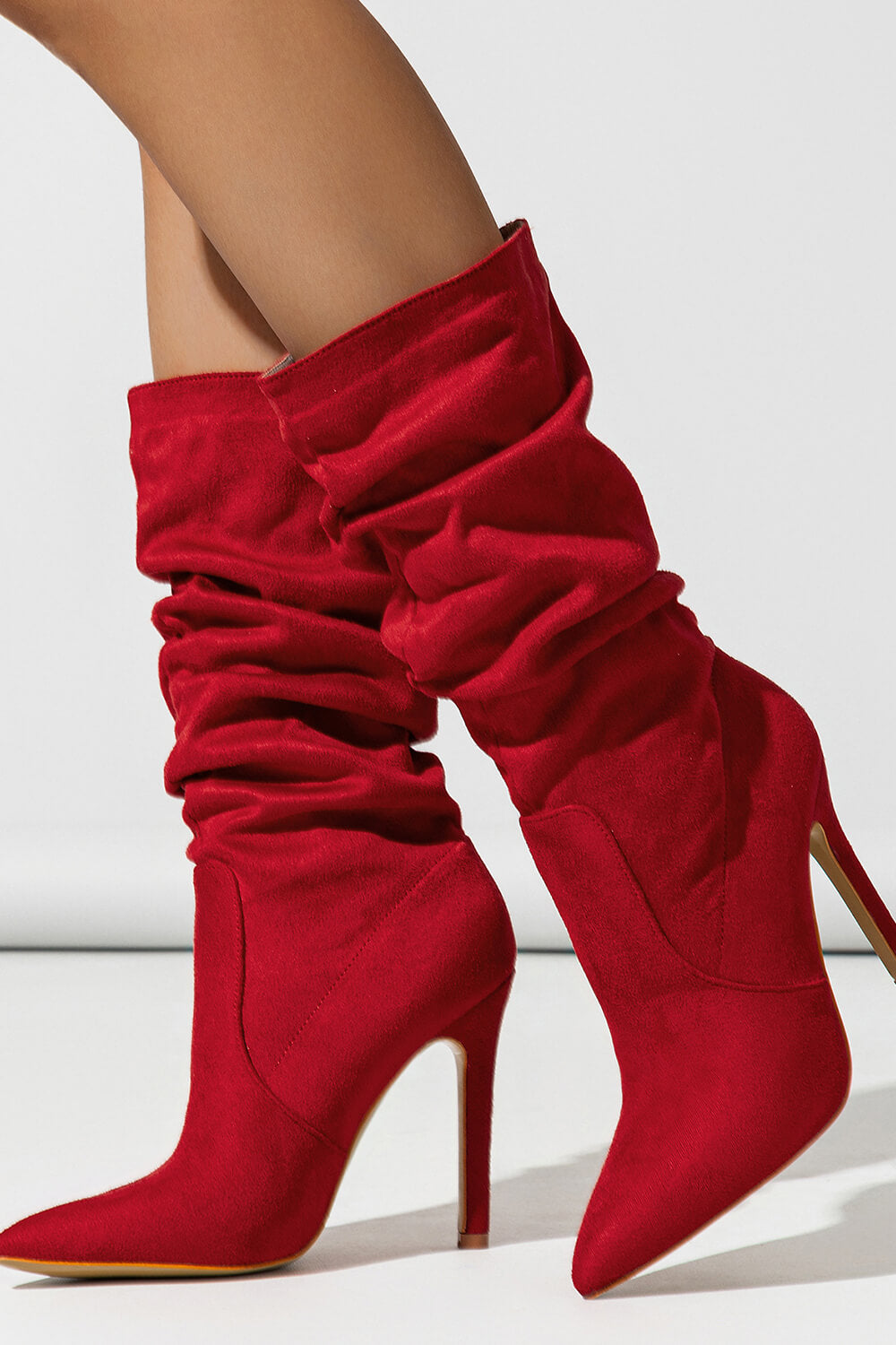 Faux Suede Pointed Toe Knee High Ruched Mid Heeled Boots - Red