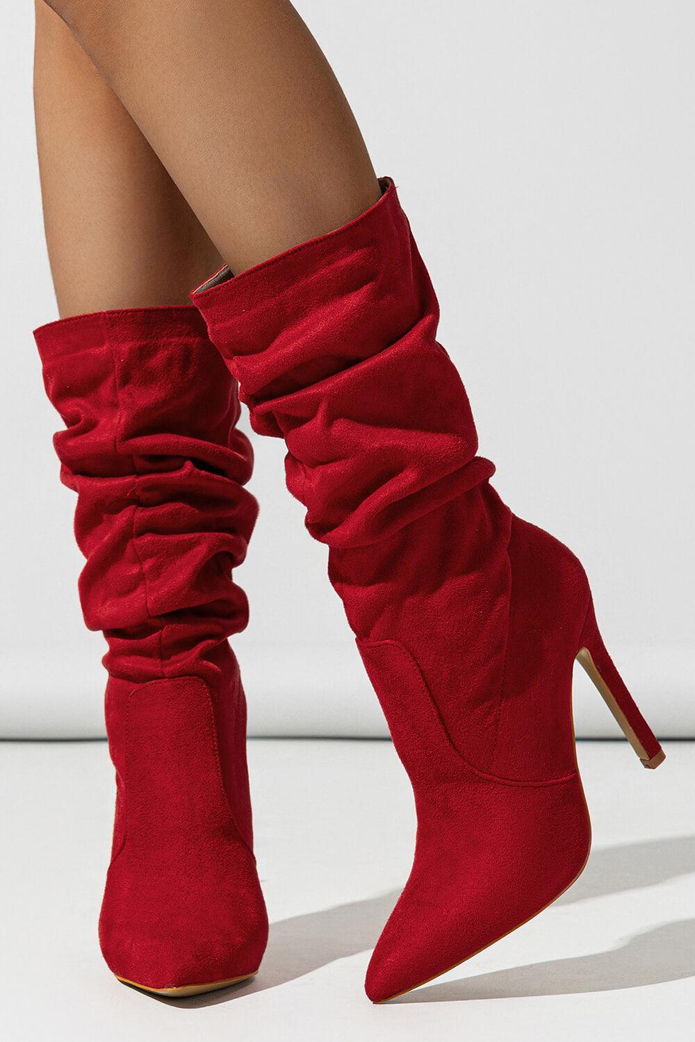 Faux Suede Pointed Toe Knee High Ruched Mid Heeled Boots - Red