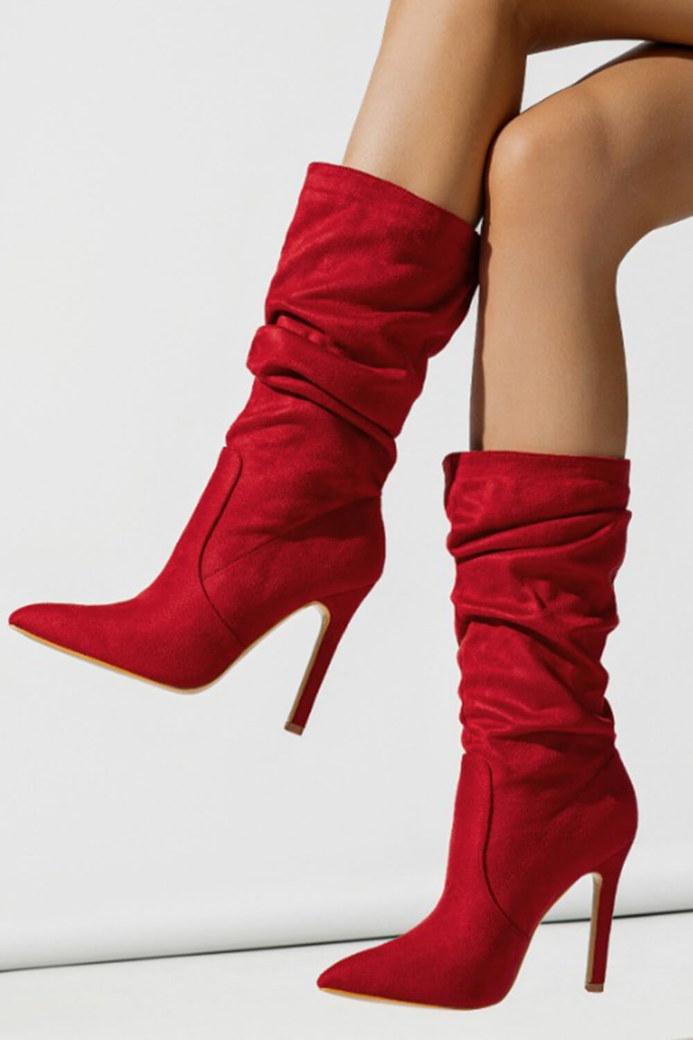 Faux Suede Pointed Toe Knee High Ruched Mid Heeled Boots - Red