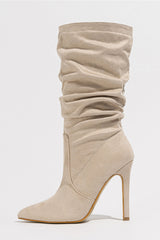 Faux Suede Pointed Toe Knee High Ruched Mid Heeled Boots - Nude