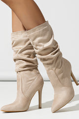 Faux Suede Pointed Toe Knee High Ruched Mid Heeled Boots - Nude