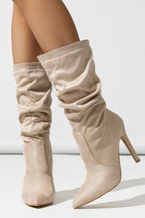 Faux Suede Pointed Toe Knee High Ruched Mid Heeled Boots - Nude