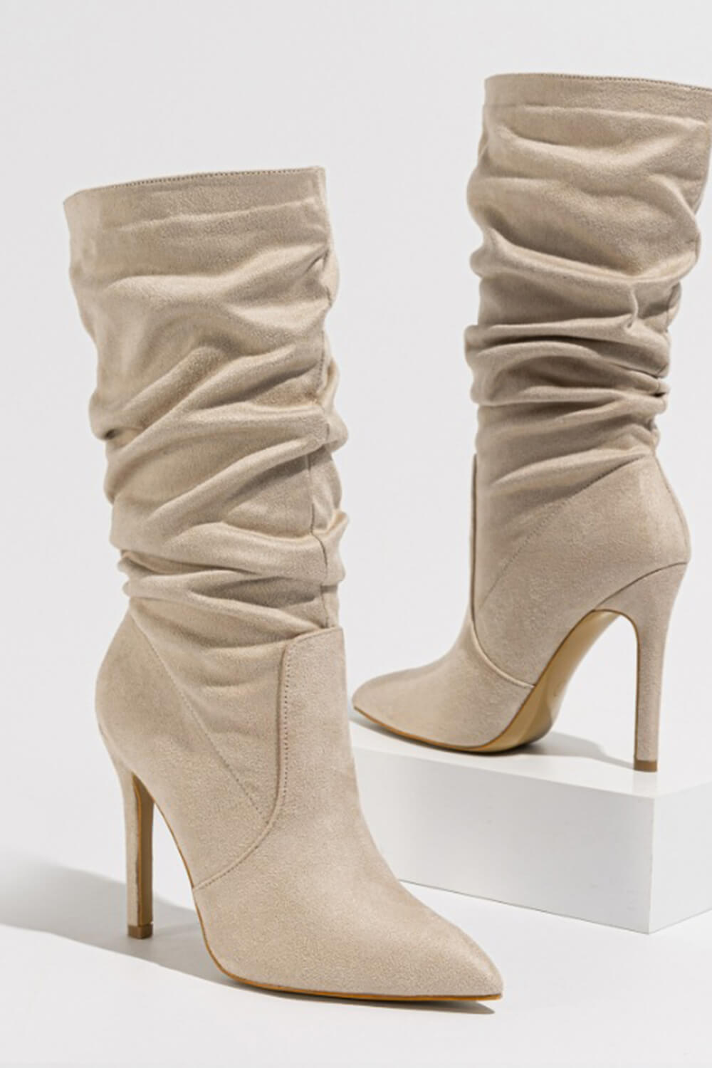 Faux Suede Pointed Toe Knee High Ruched Mid Heeled Boots - Nude