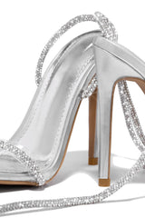 Diamante Embellished Lace Up Square Toe High Heels - Silver