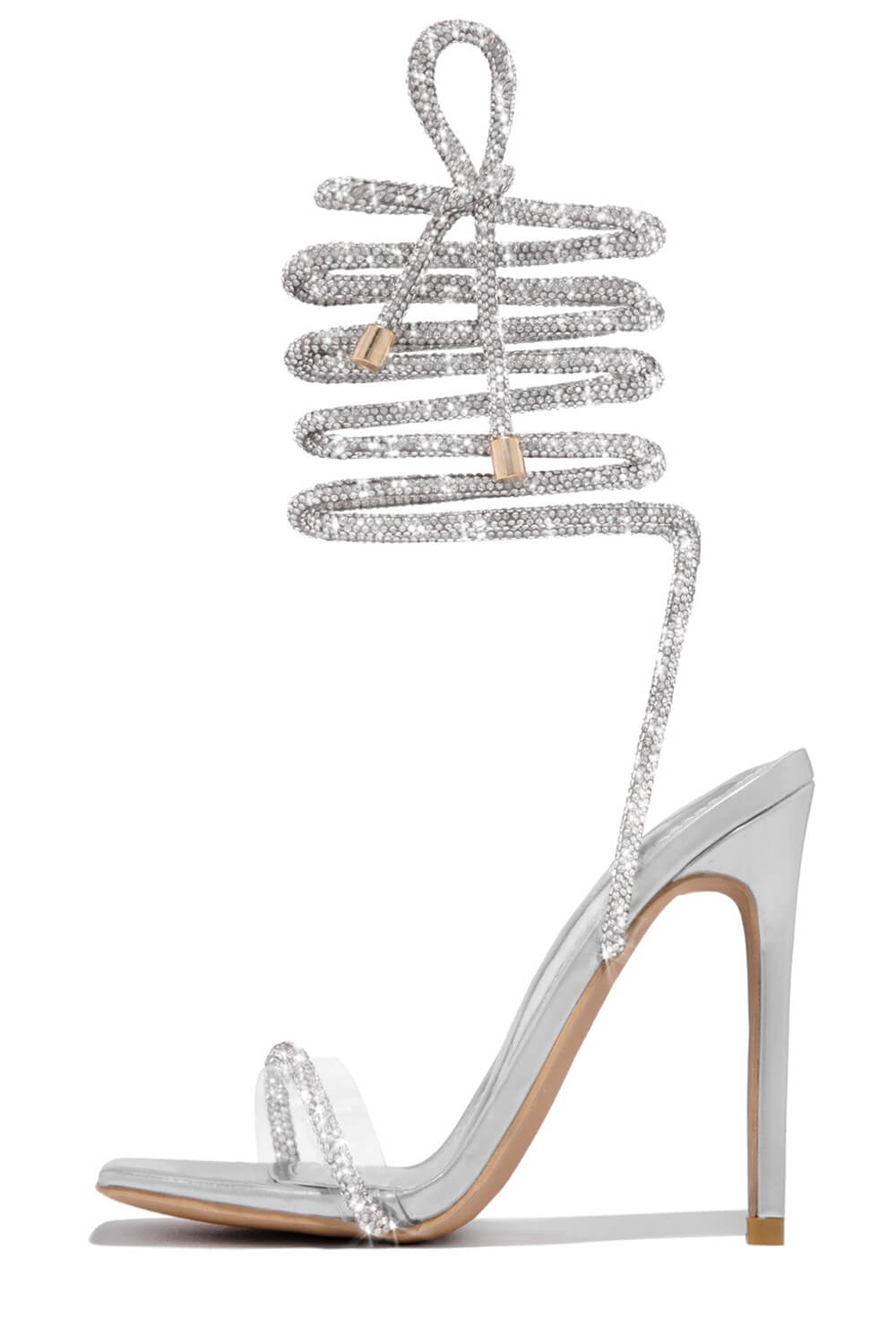 Diamante Embellished Lace Up Square Toe High Heels - Silver