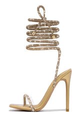 Diamante Embellished Lace Up Square Toe High Heels - Gold