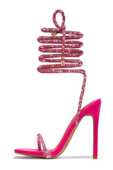 Diamante Embellished Lace Up Square Toe High Heels - Pink