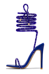 Diamante Embellished Lace Up Square Toe High Heels - Blue