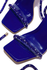 Diamante Embellished Lace Up Square Toe High Heels - Blue
