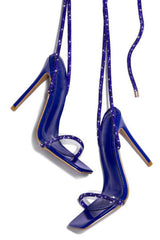 Diamante Embellished Lace Up Square Toe High Heels - Blue